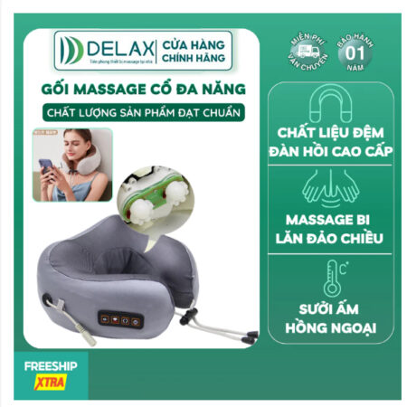Gối Massage Chữ U GMC04 - DELAX - Hồng Ngoại 4 Chức Năng, Massage Cổ Vai Gáy