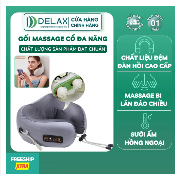 Gối Massage Chữ U GMC04 - DELAX - Hồng Ngoại 4 Chức Năng, Massage Cổ Vai Gáy