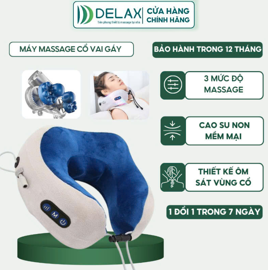 Gối Massage Cổ Chữ U GMC03 - DELAX - Massage Xoay 3D, Giảm Đau Mỏi Cổ Vai Gáy, Nhỏ Gọn