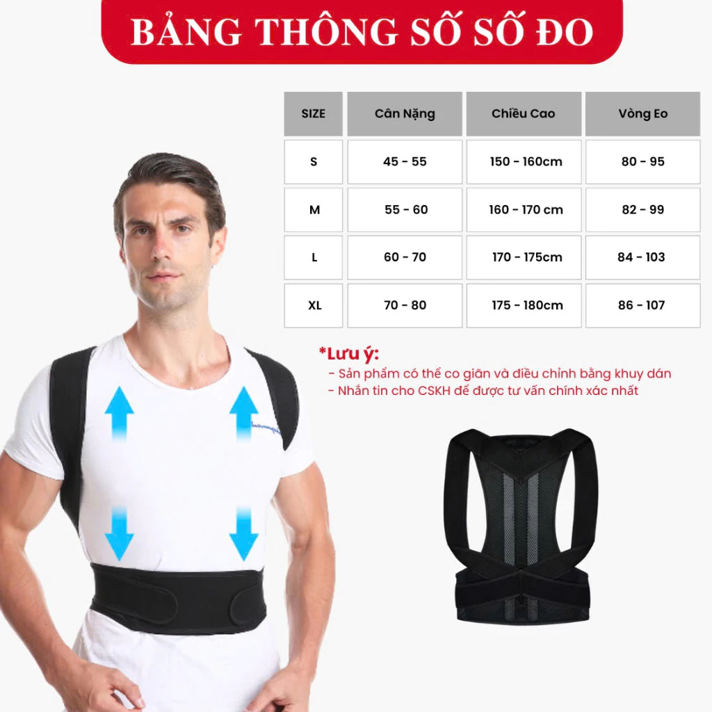 Bảng thông số đo của Đai chống gù lưng DELAX DCG02