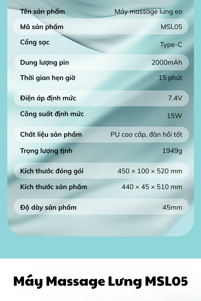Thông số kỹ thuật Máy massage lưng DELAX MSL05
